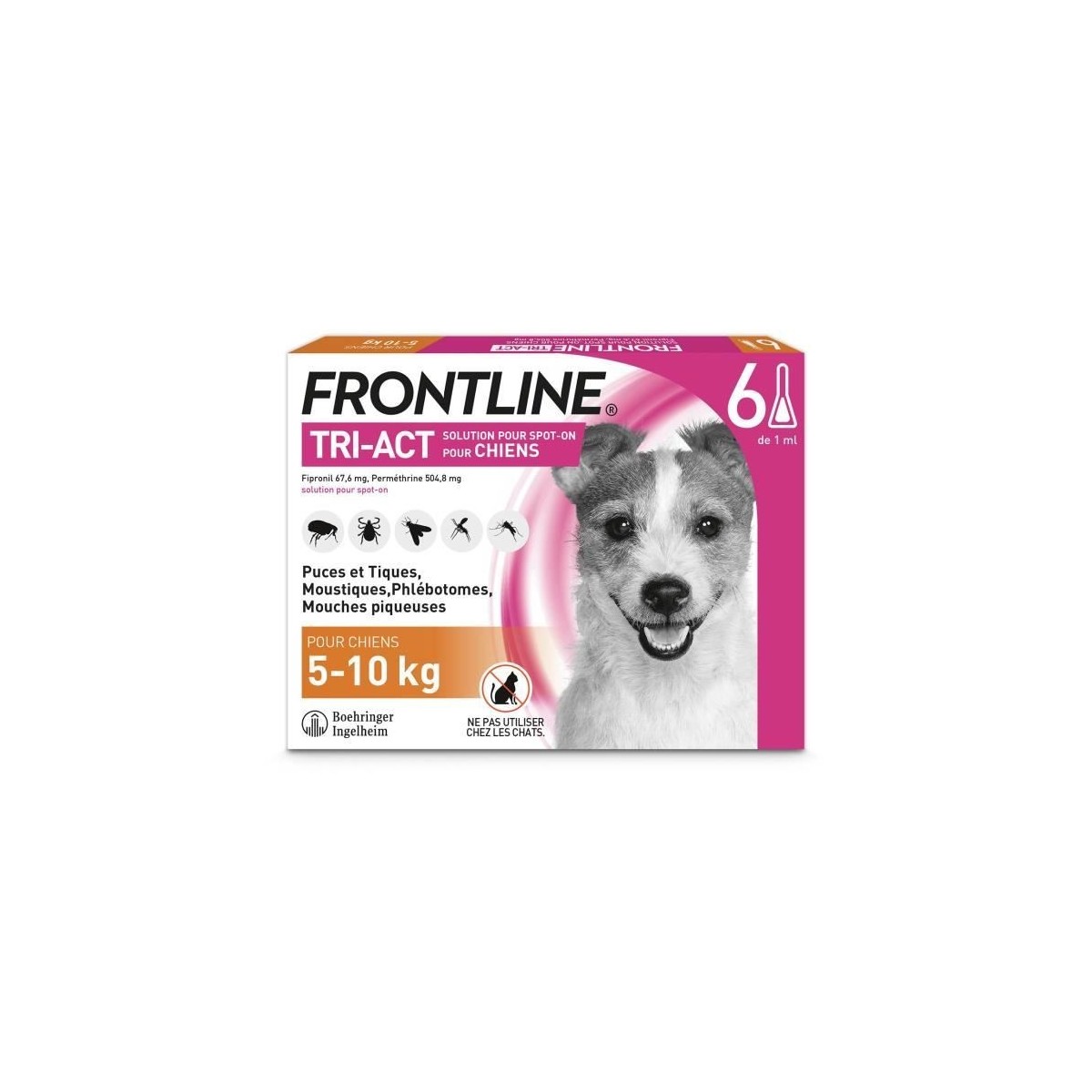 FRONTLINE Tri-Act Chiens S - 5 a 10 kg - 6 Pipettes - puces, tiques, moustiques, phlébotomes et mouches piqueuses