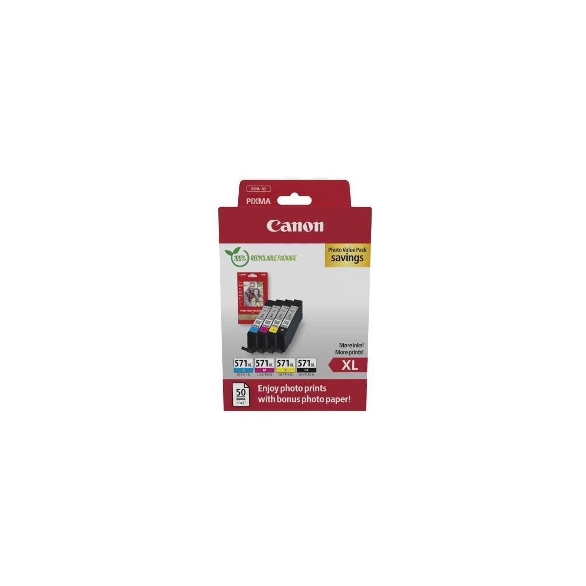 Cartouches d'encre + pack papiers photo - CANON - CLI-571XL Noir/Cyan/Magenta/Jaune - Haut rendement