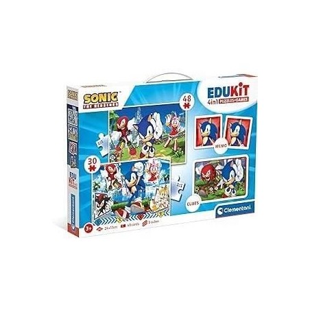 Clementoni - Edukit - Sonic - Coffret apprentissage 4 en 1 - 2 puzzles, 1 mémo, 1 jeu de 6 cubes - Fabriqué en Italie -Dés 4a