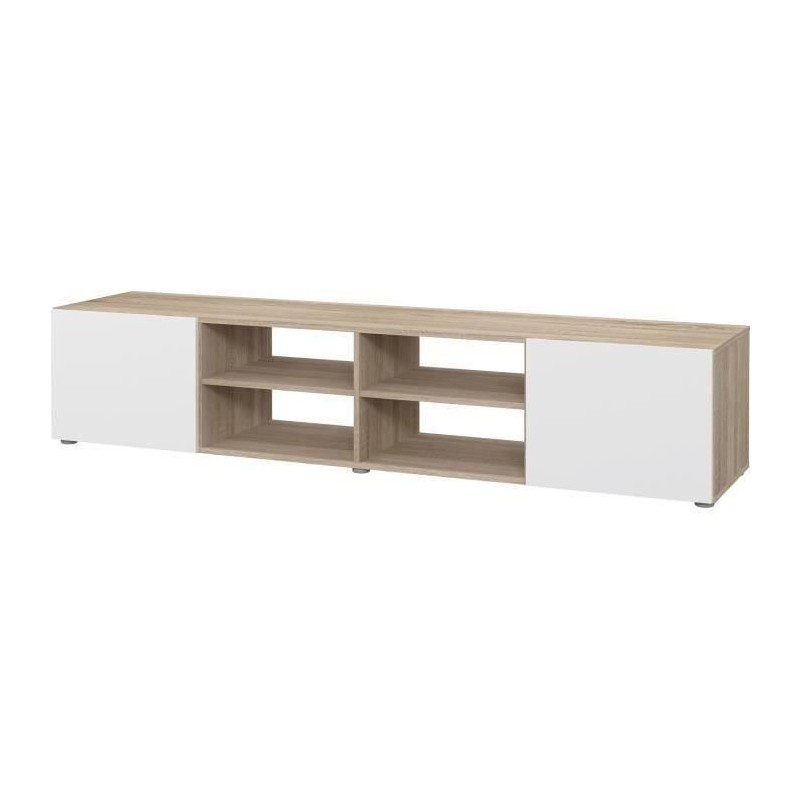 Meuble TV PILVI - Blanc et chene - L 180 x P 42 x H 37 cm Meuble TV PILVI - Blanc et chene - L 180 x P 42 x H 37 cm