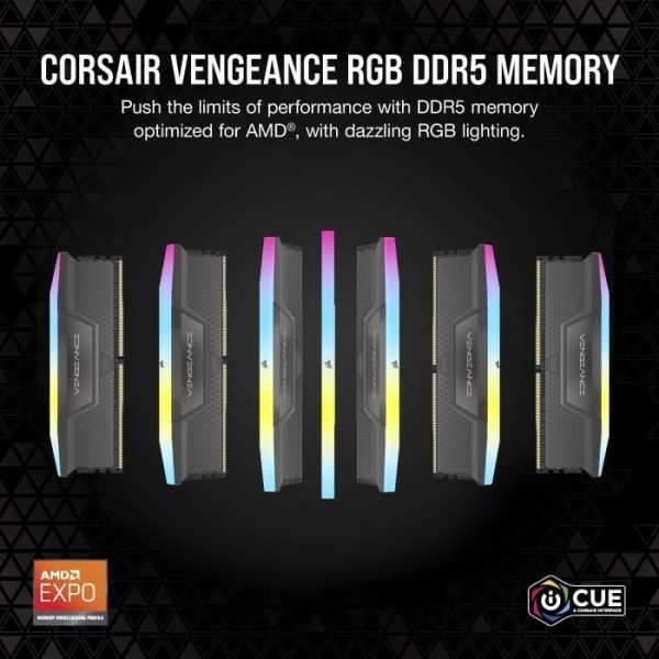 Mémoire RAM - CORSAIR - Vengeance RGB DDR5 RAM 32Go (2x16Go) 6000MHz CL36 AMD Expo Compatible iCUE - Gris (CMH32GX5M2E6000Z36)