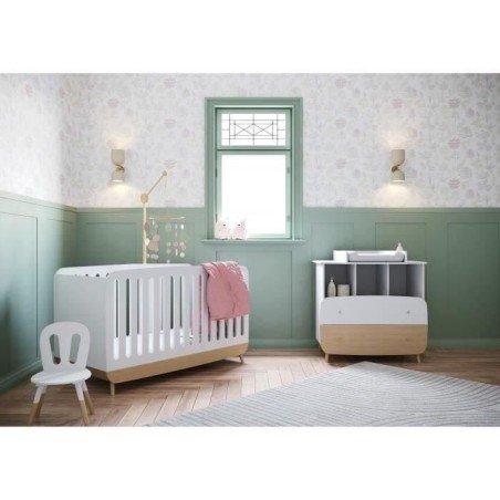 Ens. lit bébé 70 x 140 Kit évolutif, commode 2 tiroirs, 3 niches et 1 plan a langer - FIRMIANA - Scandinave - Blanc/bois - DE