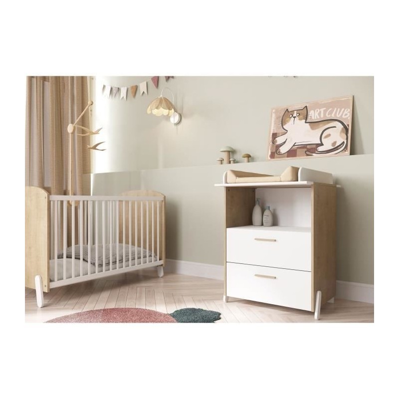 Ensemble duo 60 comprenant 1 lit a barreaux 60 x 120 cm & 1 commode a langer 2 tiroirs - NAILI - Hamilton / Blanc mat - DEMEYERE