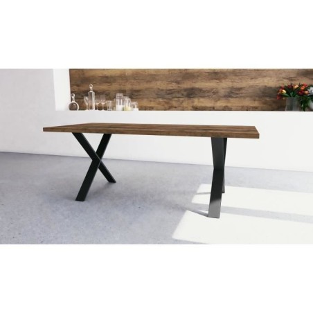 Table - MONACO - Rectangulaire - Décor mélamine chene saloon et noir structuré - Pied en X noir - 6 places - 180 x 90 cm - DE