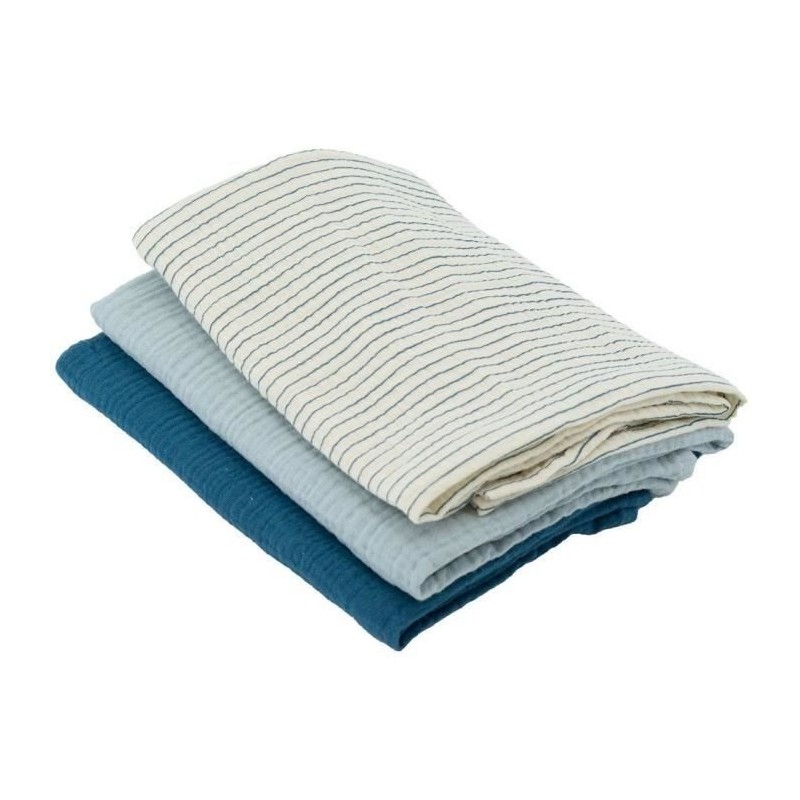 Lot de 3 langes Bambou - DOMIVA - 1 Imprimé + 2 Uni - Bleu indigo - 60x60 cm Lot de 3 langes Bambou - DOMIVA - 1 Imprimé + 2 Uni - Bleu indigo - 60x60 cm
