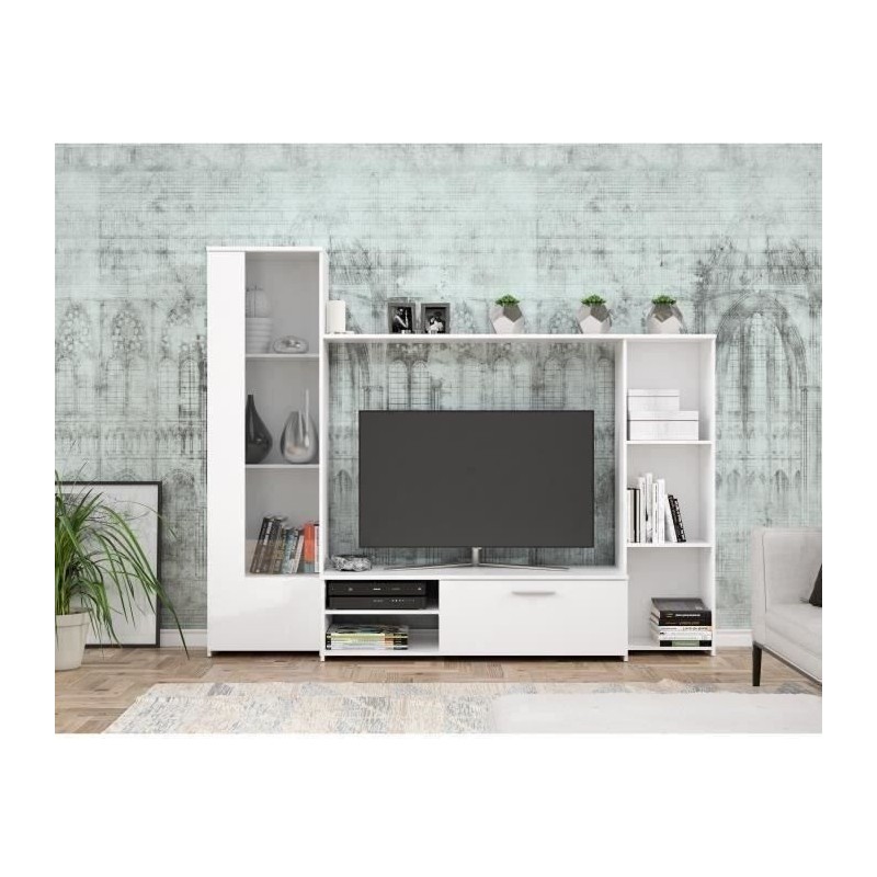 Meuble TV paroi PILVI - Particules mélaminé -Décor blanc mat - porte vitrée + 1 abattant + 5 niches - L220 x P41 x H177,5 cm Meuble TV paroi PILVI - Particules mélaminé -Décor blanc mat - porte vitrée + 1 abattant + 5 niches - L220 x P41 x H177,5 cm