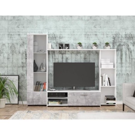 Meuble TV paroi murale - Blanc mat et béton clair - porte vitrée + 5 niches - Contemporain -  L 220,4 x P41,3 x H177,5 cm - PI