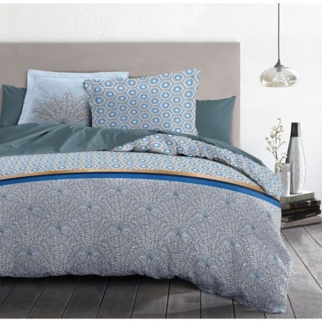 Parure de couette 240x260 cm HOME LINGE PASSION LOUXOR : Housse de couette + 2 taies d'oreiller - 100% Coton 57 Fils - Bleu