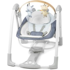 INGENUITY Balancelle bébé électrique compacte  Chambray, arche d'éveil en bois, 5 vitesses de balancement, 8 mélodies et 