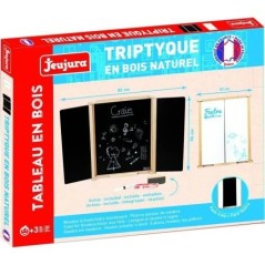 Tableau Triptyque Mural en Bois Naturel - JEUJURA - Ardoise Centrale et Volets Craie/Feutre, Accessoires Inclus, 82x56 cm