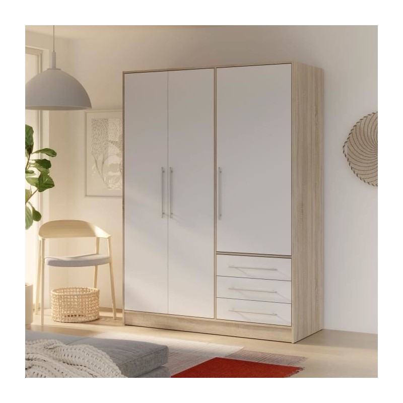 Armoire - Bois aggloméré chene et blanc - Contemporain - Chambre - L 144,6 cm Armoire - Bois aggloméré chene et blanc - Contemporain - Chambre - L 144,6 cm