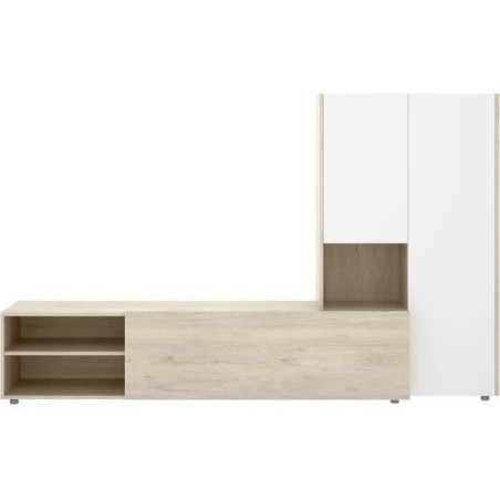 Meuble de salon TV compact - KEI - 3 portes - Chene clair / Blanc - 227 x 40 x 141 cm